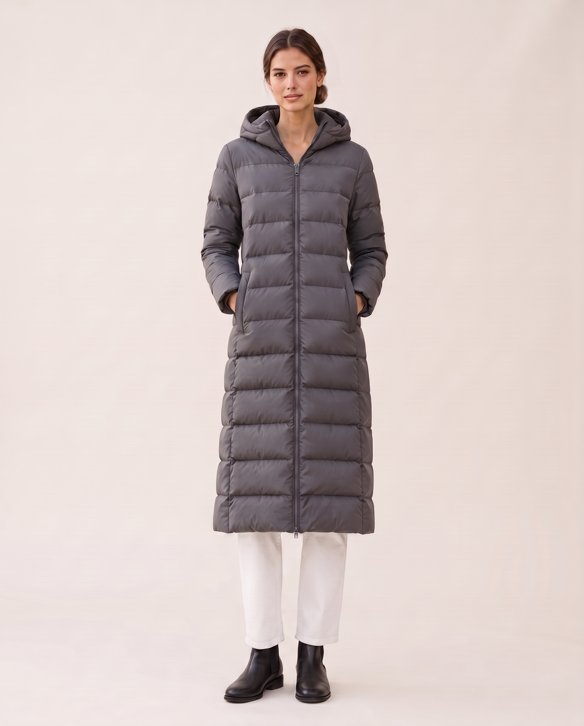 Longline Hooded Puffer Coat with Welt Pockets — gray