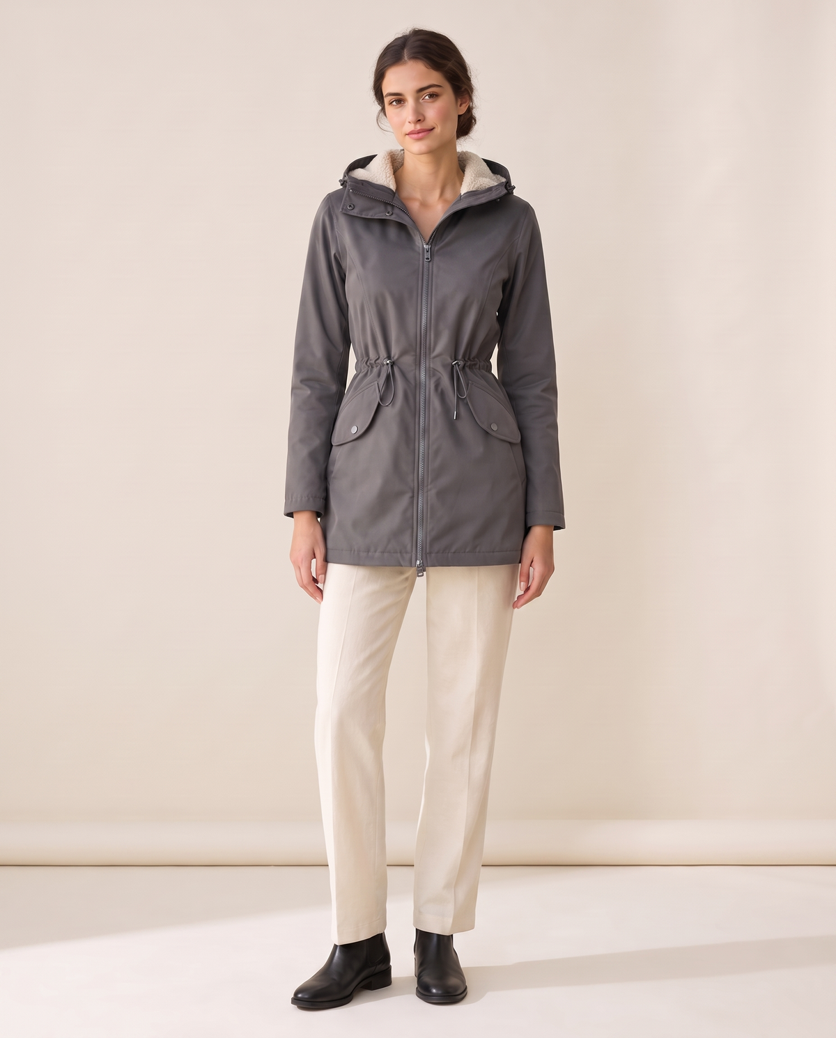 Fitted Waterproof Jacket with Sherpa Hood — gray
