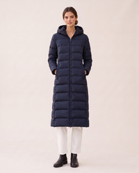 Longline Hooded Puffer Coat with Welt Pockets — navy blue