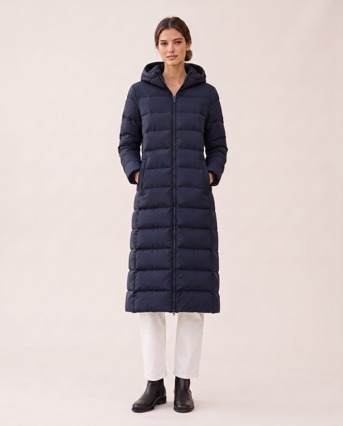 Longline Hooded Puffer Coat with Welt Pockets — navy blue