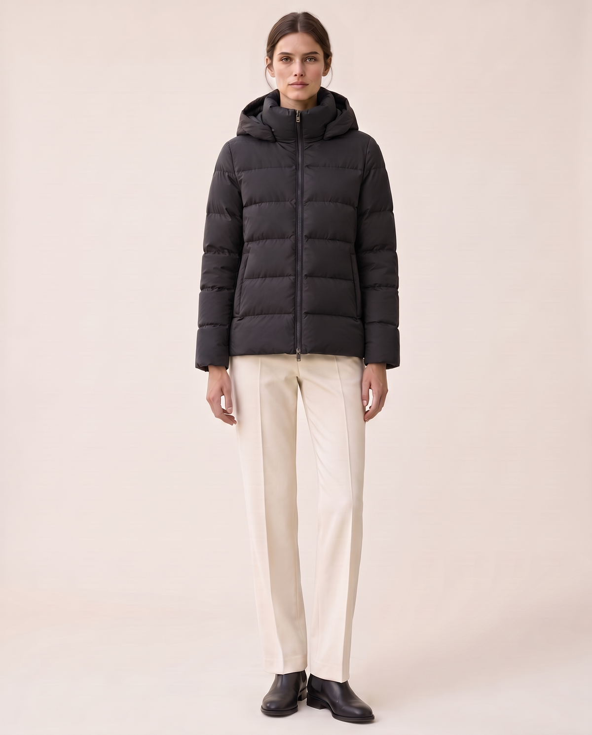 Hooded Puffer Jacket with Funnel Neck — black
