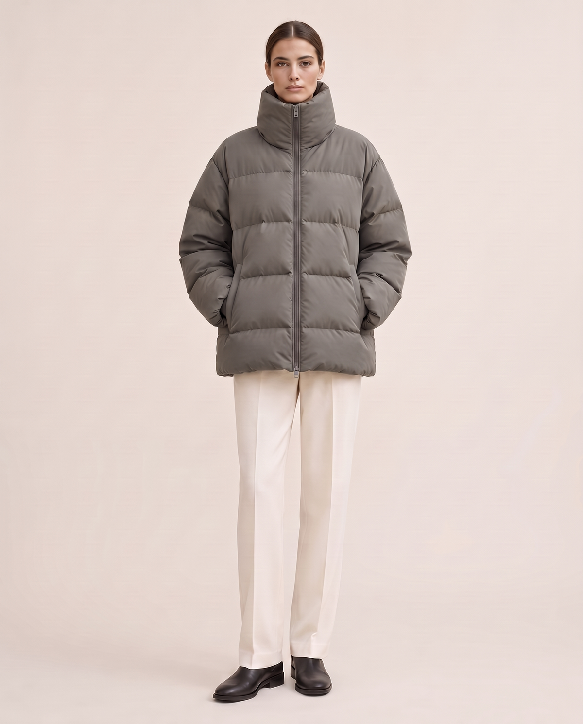 Oversized Quilted Puffer Jacket with Funnel Neck — gray