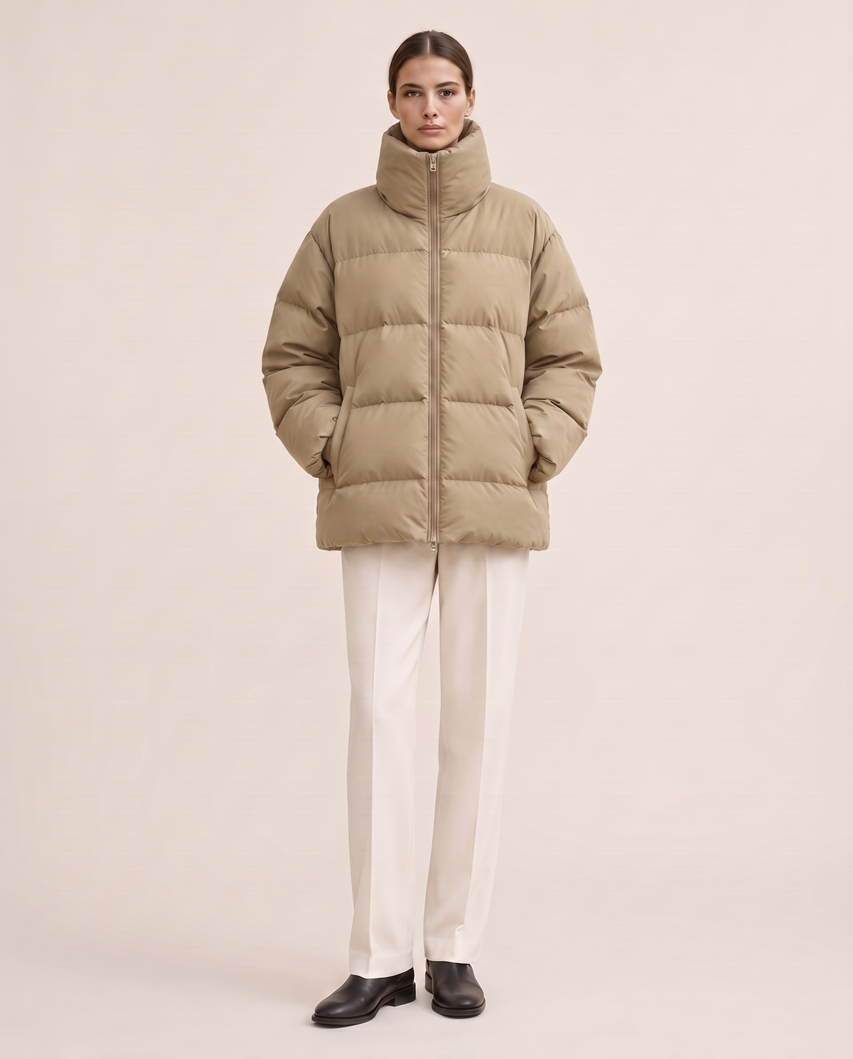 Oversized Quilted Puffer Jacket with Funnel Neck — khaki