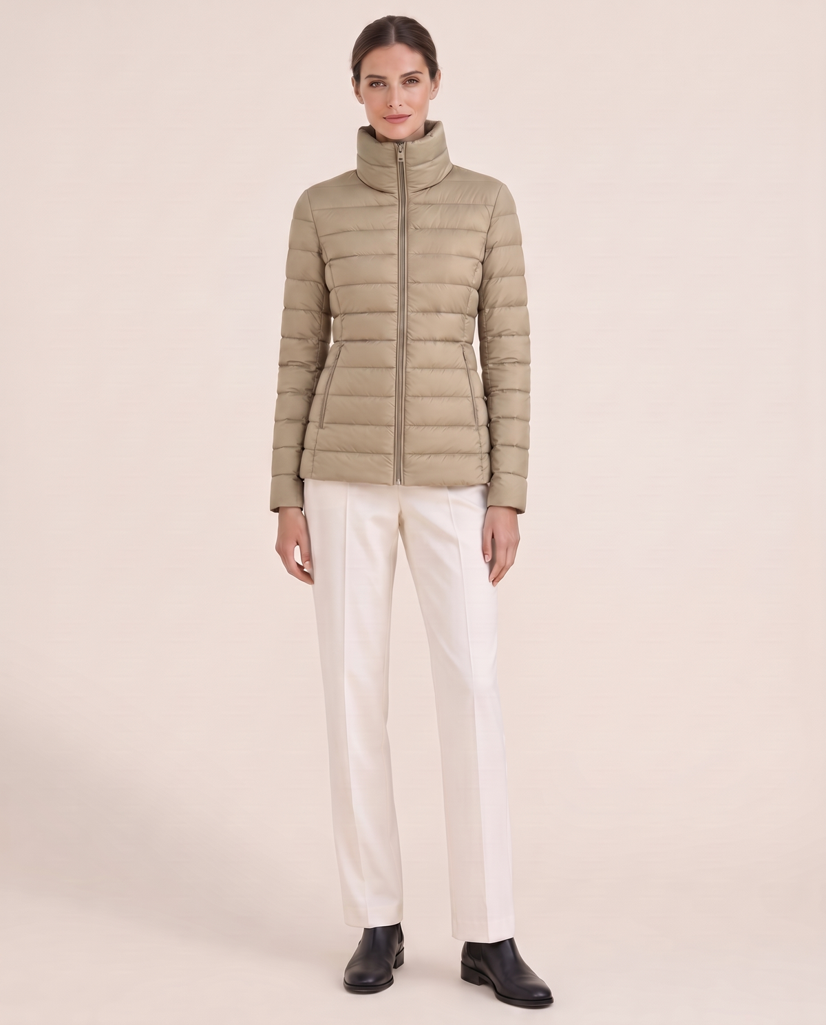 Tailored Quilted Puffer Jacket with High Neck — khaki
