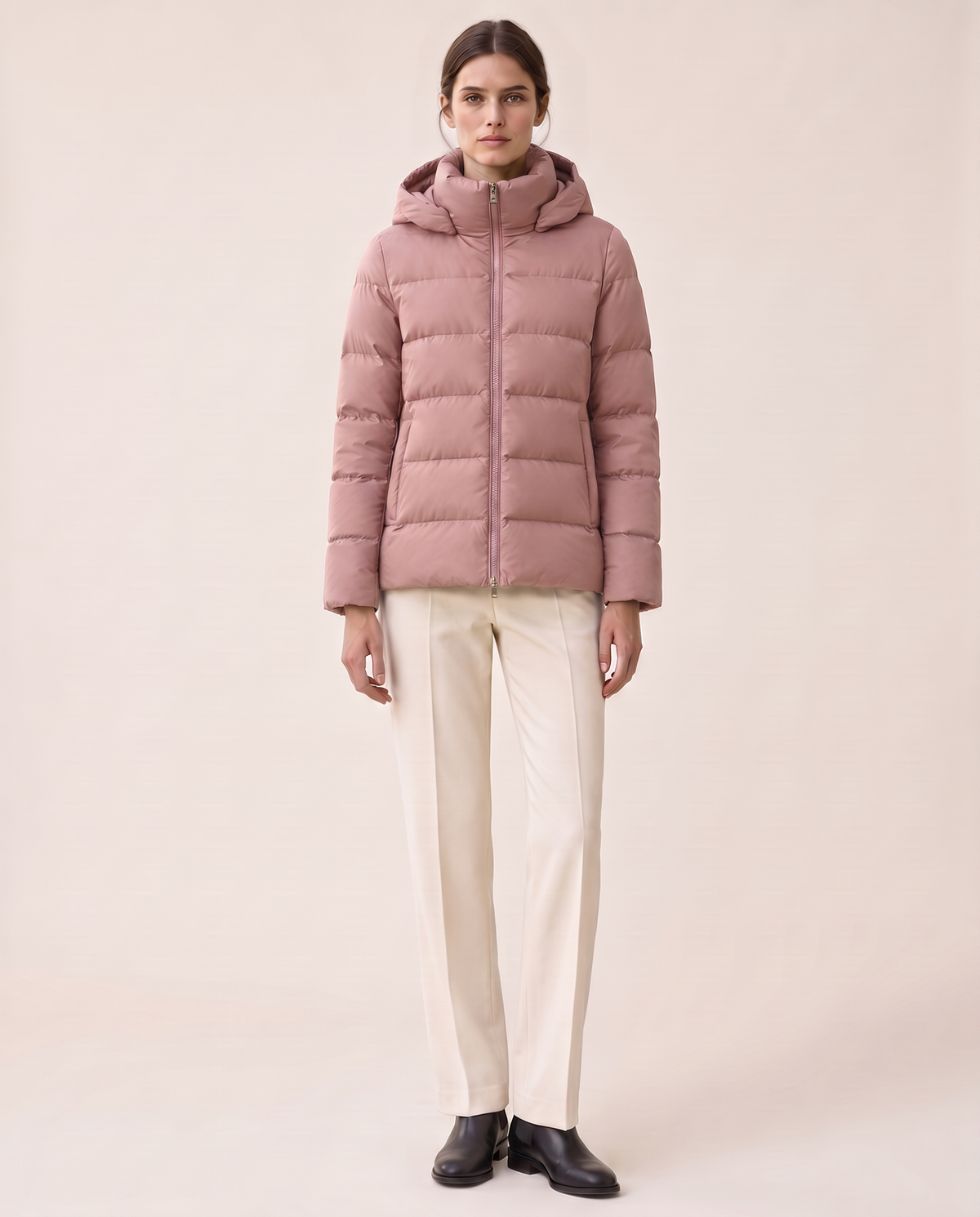 Hooded Puffer Jacket with Funnel Neck — pink
