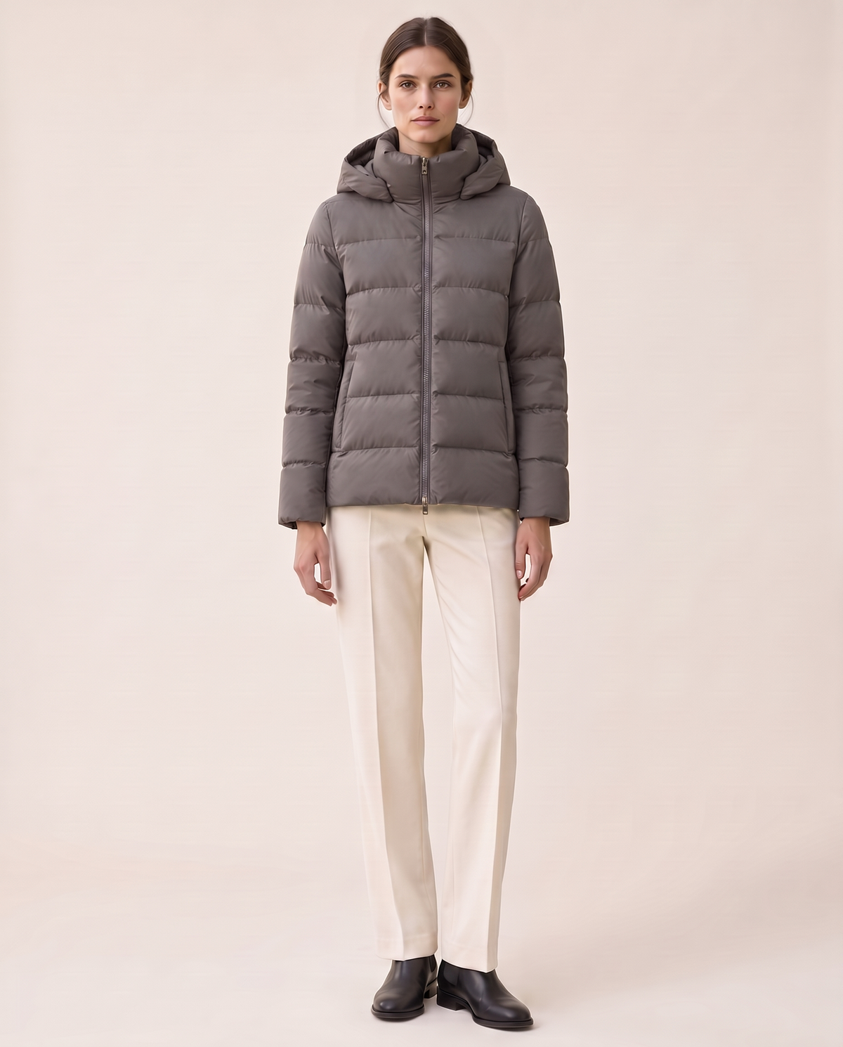 Hooded Puffer Jacket with Funnel Neck — gray