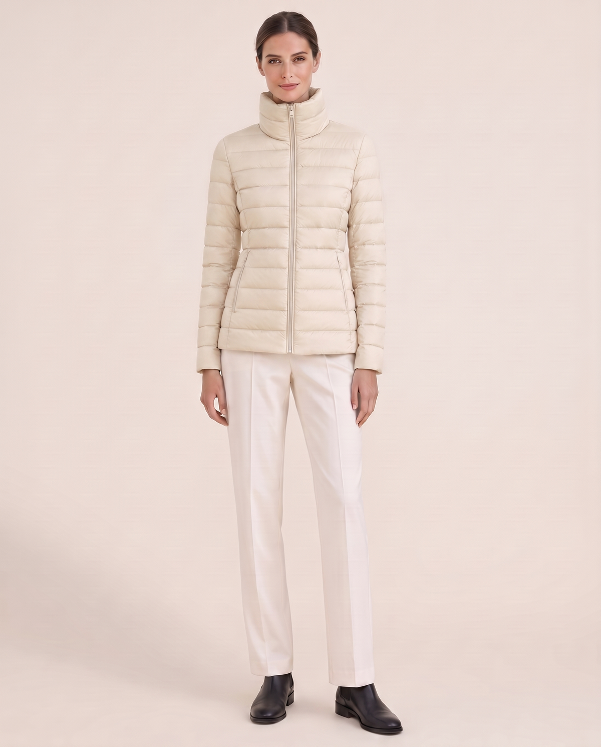 Tailored Quilted Puffer Jacket with High Neck — cream