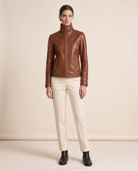 High-Neck Zip Leather Jacket for Women — brown
