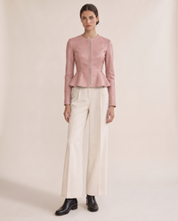 Cropped Fit-and-Flare Leather Jacket — pink