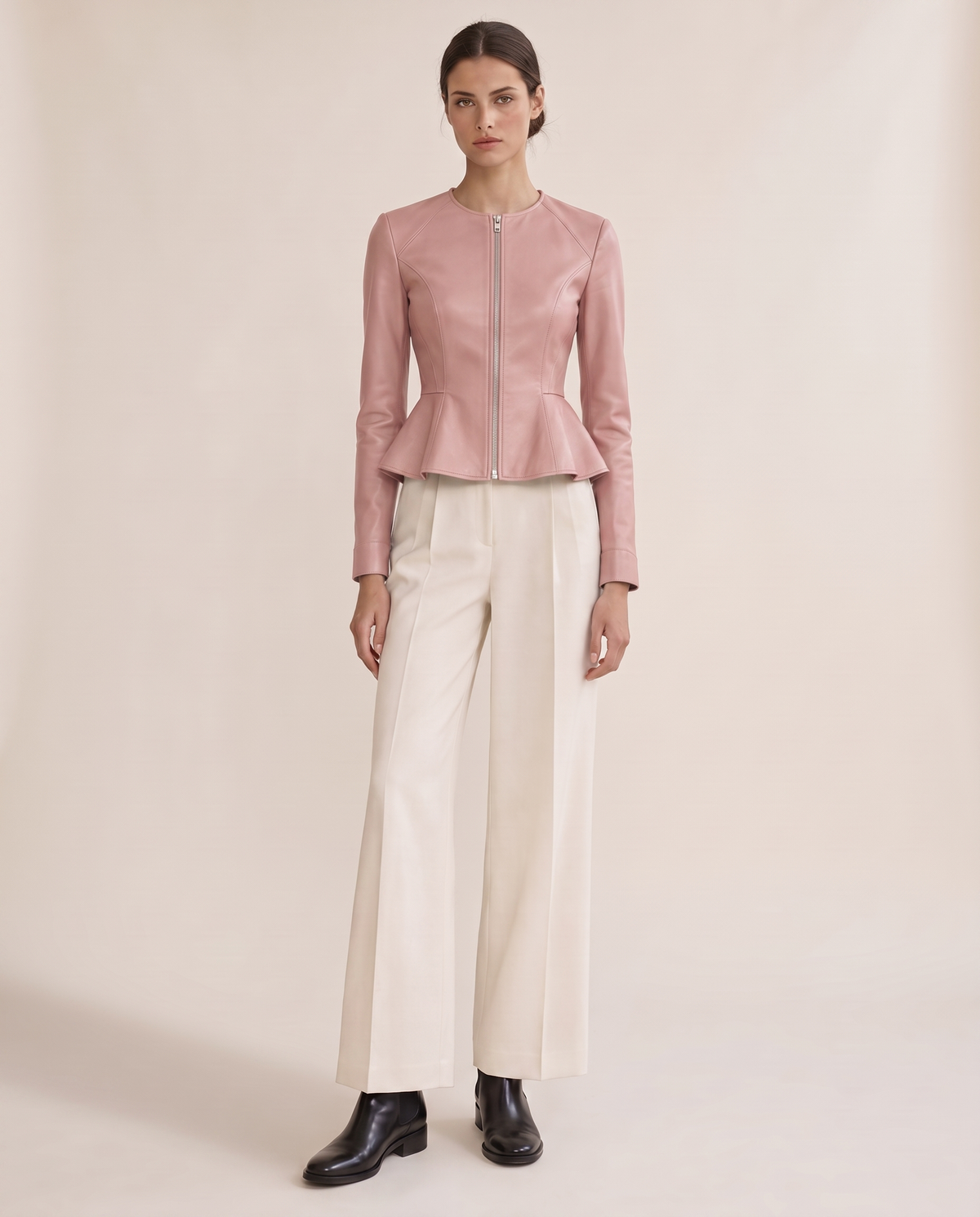 Cropped Fit-and-Flare Leather Jacket — pink