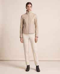 High-Neck Zip Leather Jacket for Women — beige