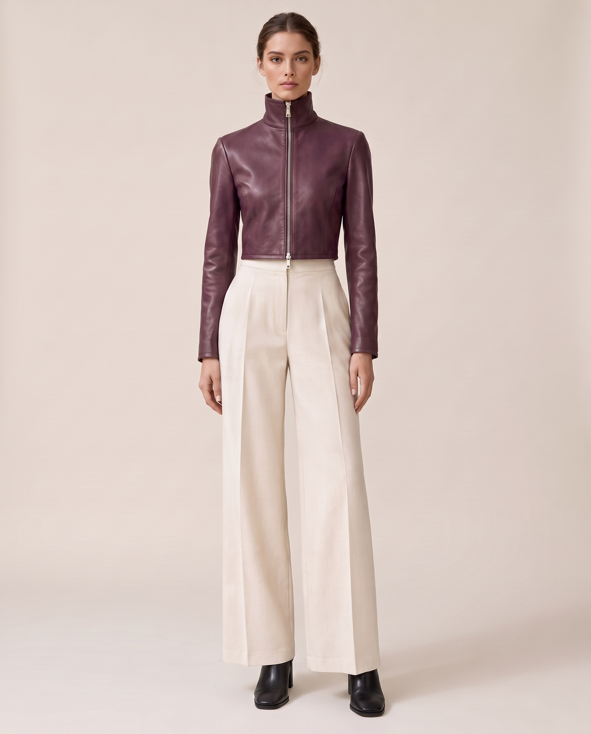 Cropped High-Neck Leather Jacket for Women — purple