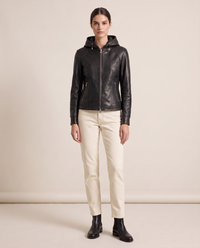 Hooded Leather Jacket for Women — black