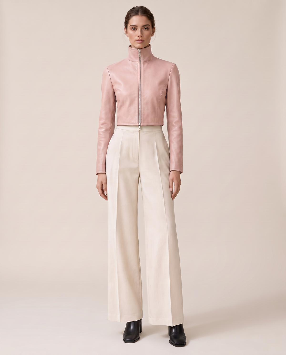 Cropped High-Neck Leather Jacket for Women — light pink