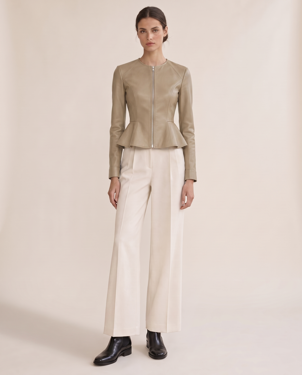 Cropped Fit-and-Flare Leather Jacket — khaki