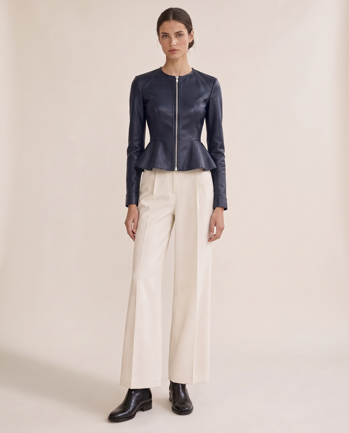 Cropped Fit-and-Flare Leather Jacket — navy blue