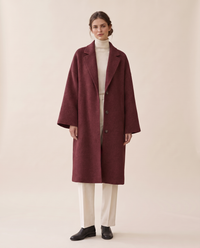 Oversized Wool-Blend Coat with Dropped Shoulders — burgundy