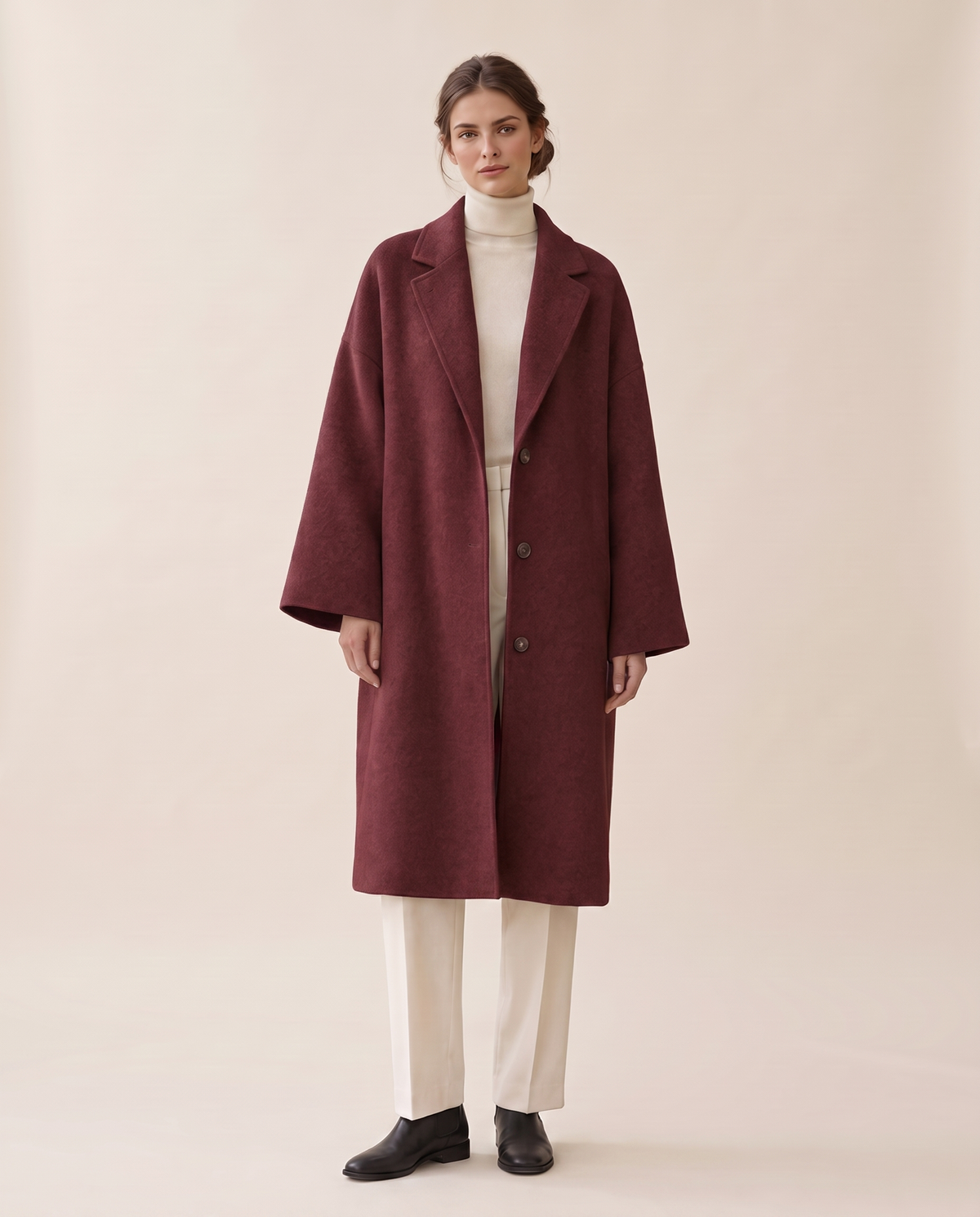 Oversized Wool-Blend Coat with Dropped Shoulders — burgundy