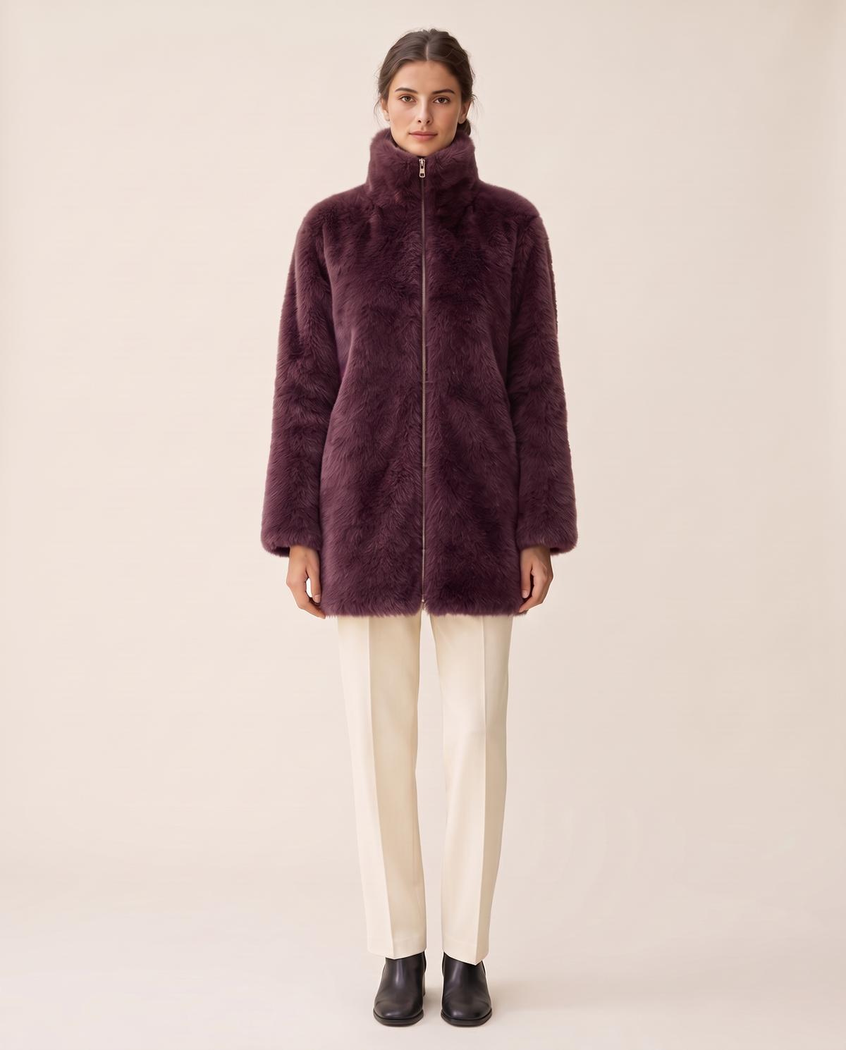 Faux Fur Coat with High Collar — purple
