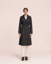 Mid-Length Double-Breasted Belted Trench Coat — black
