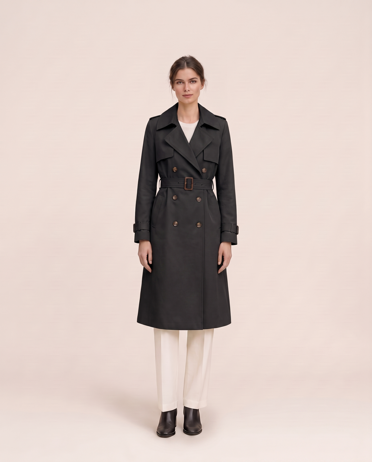 Mid-Length Double-Breasted Belted Trench Coat — black