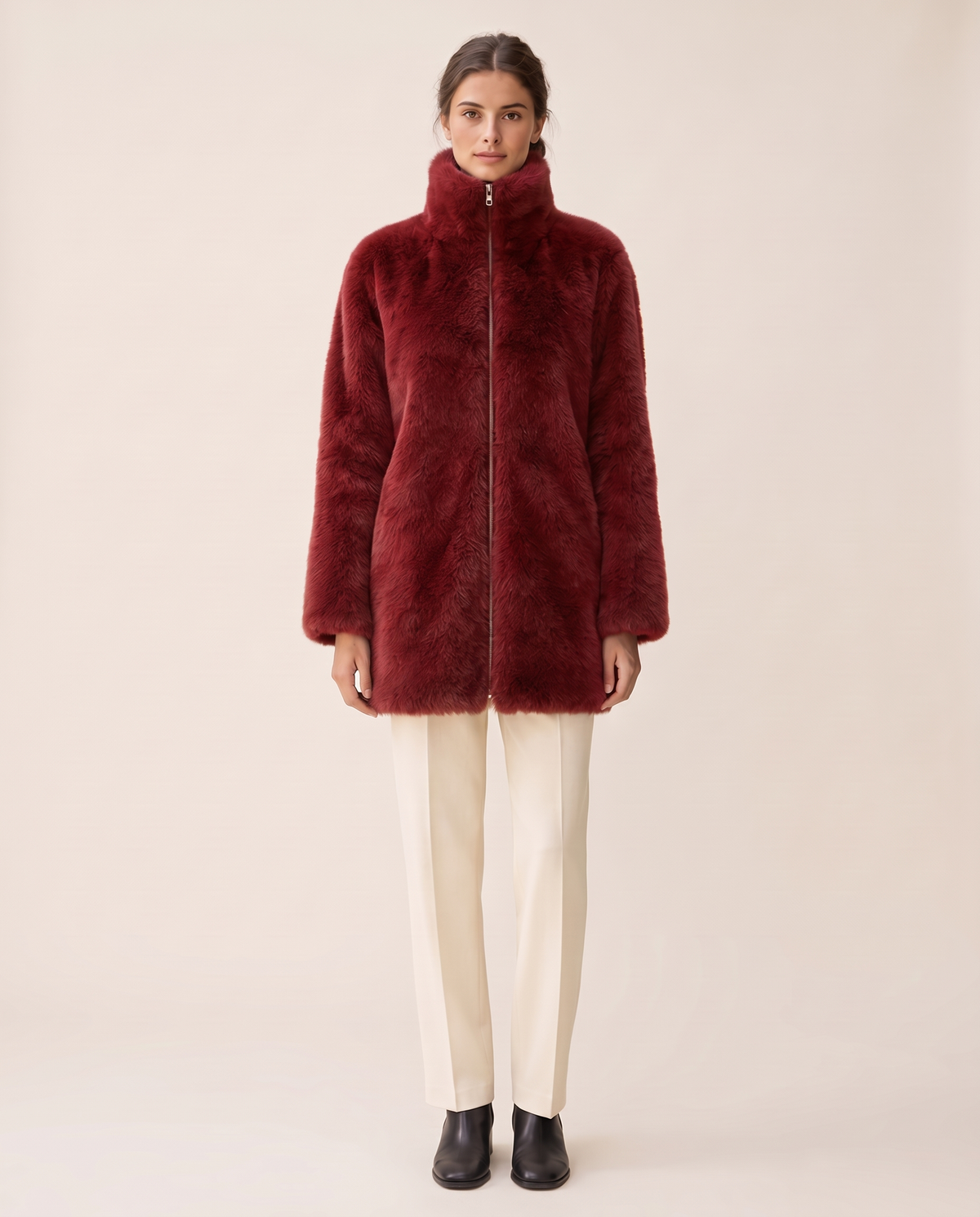 Faux Fur Coat with High Collar — red