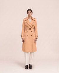 Mid-Length Double-Breasted Belted Trench Coat — apricot