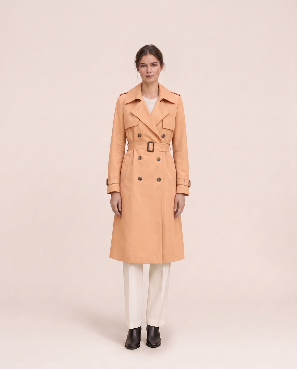 Mid-Length Double-Breasted Belted Trench Coat — apricot