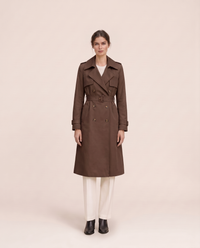 Mid-Length Double-Breasted Belted Trench Coat — dark brown