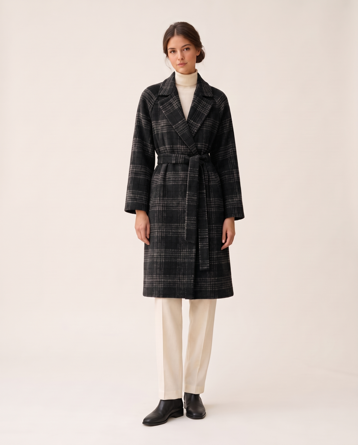 Plaid Belted Winter Coat for Women — black