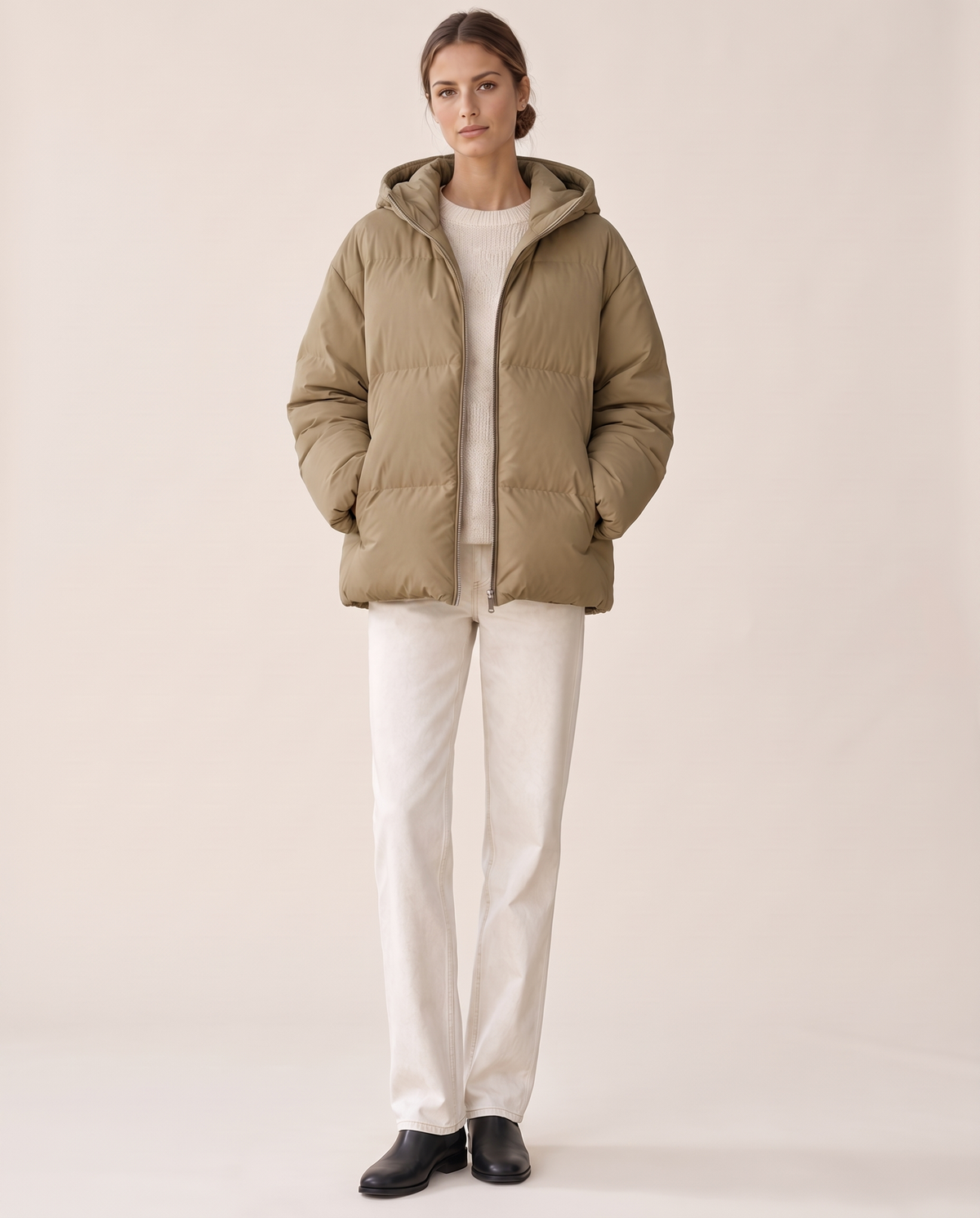 Loose Hooded Down Jacket for Women — khaki