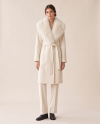 Belted Coat with Large Faux Fur Collar — white