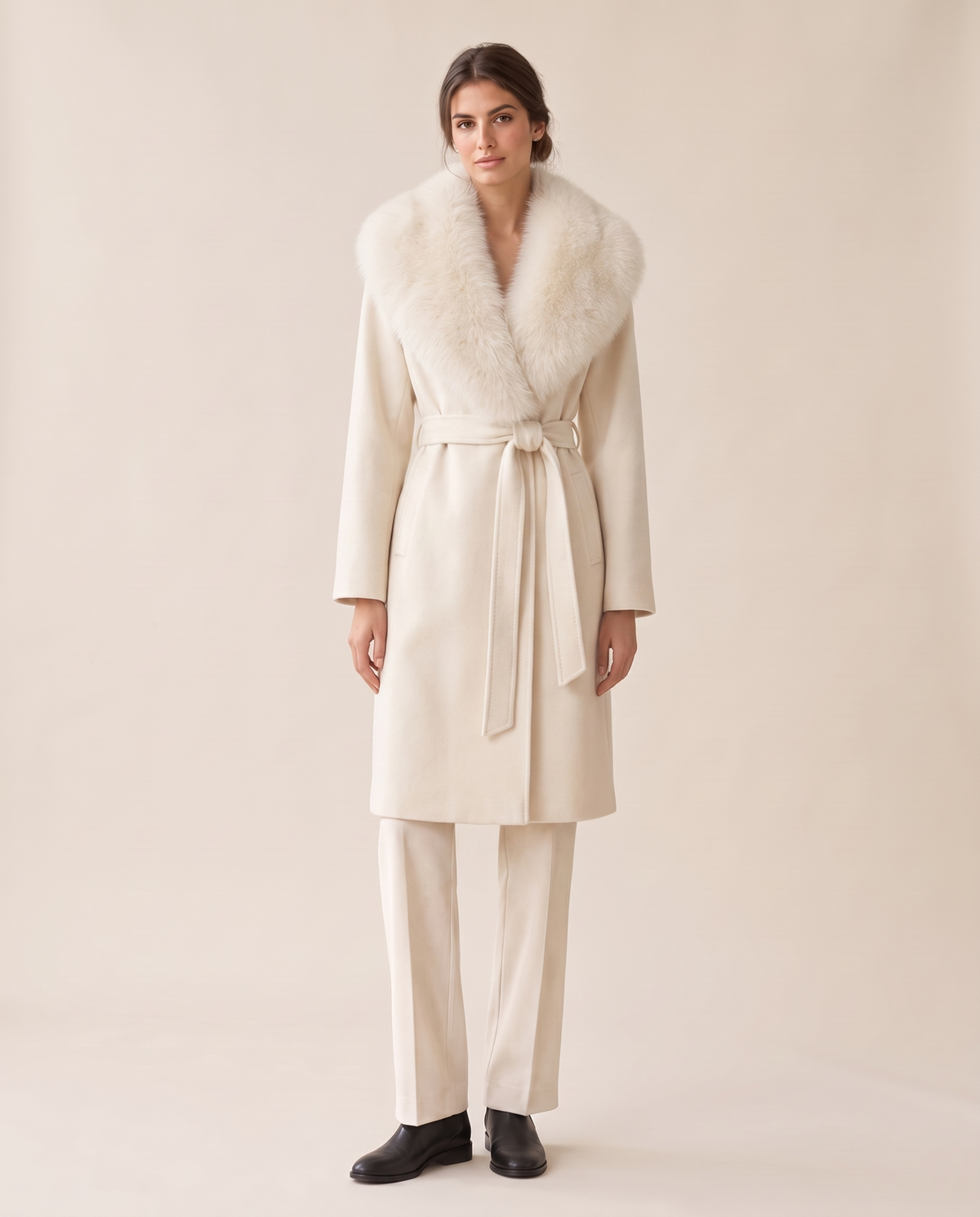 Belted Coat with Large Faux Fur Collar — white