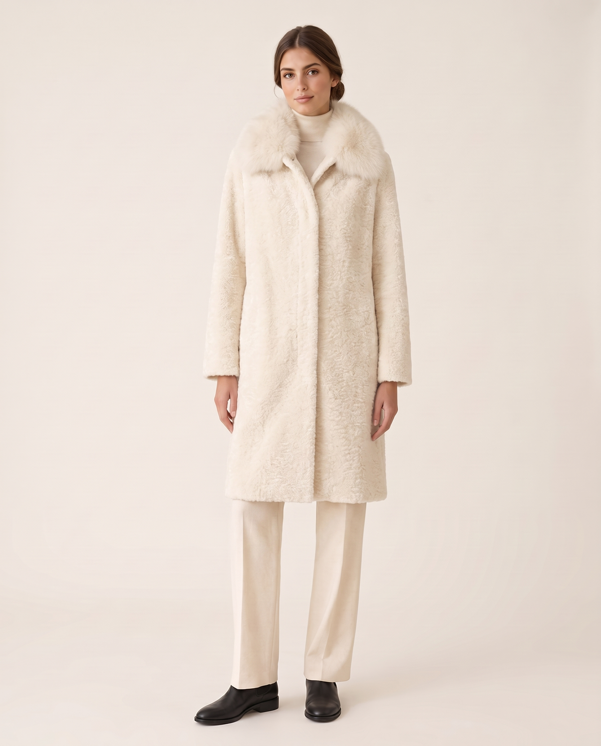 Chenille Coat with Detachable Fur Collar — white