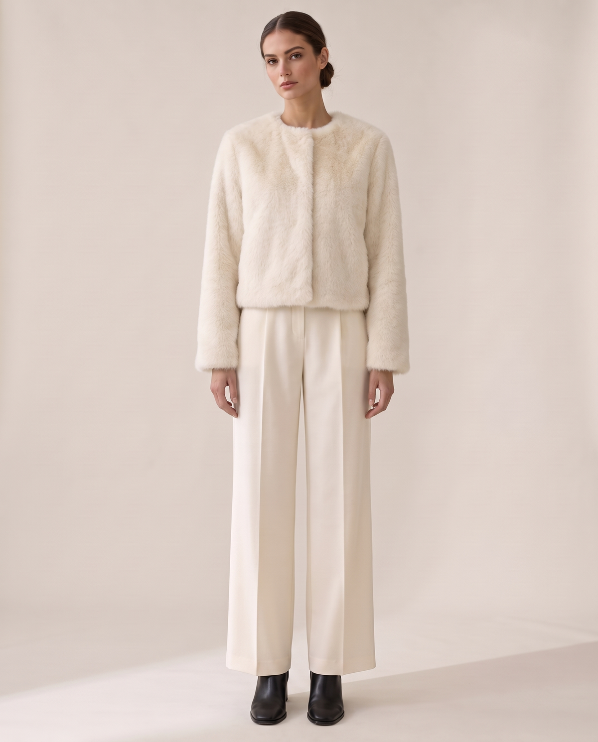 Cropped Faux Fur Jacket with Hidden Closure — white