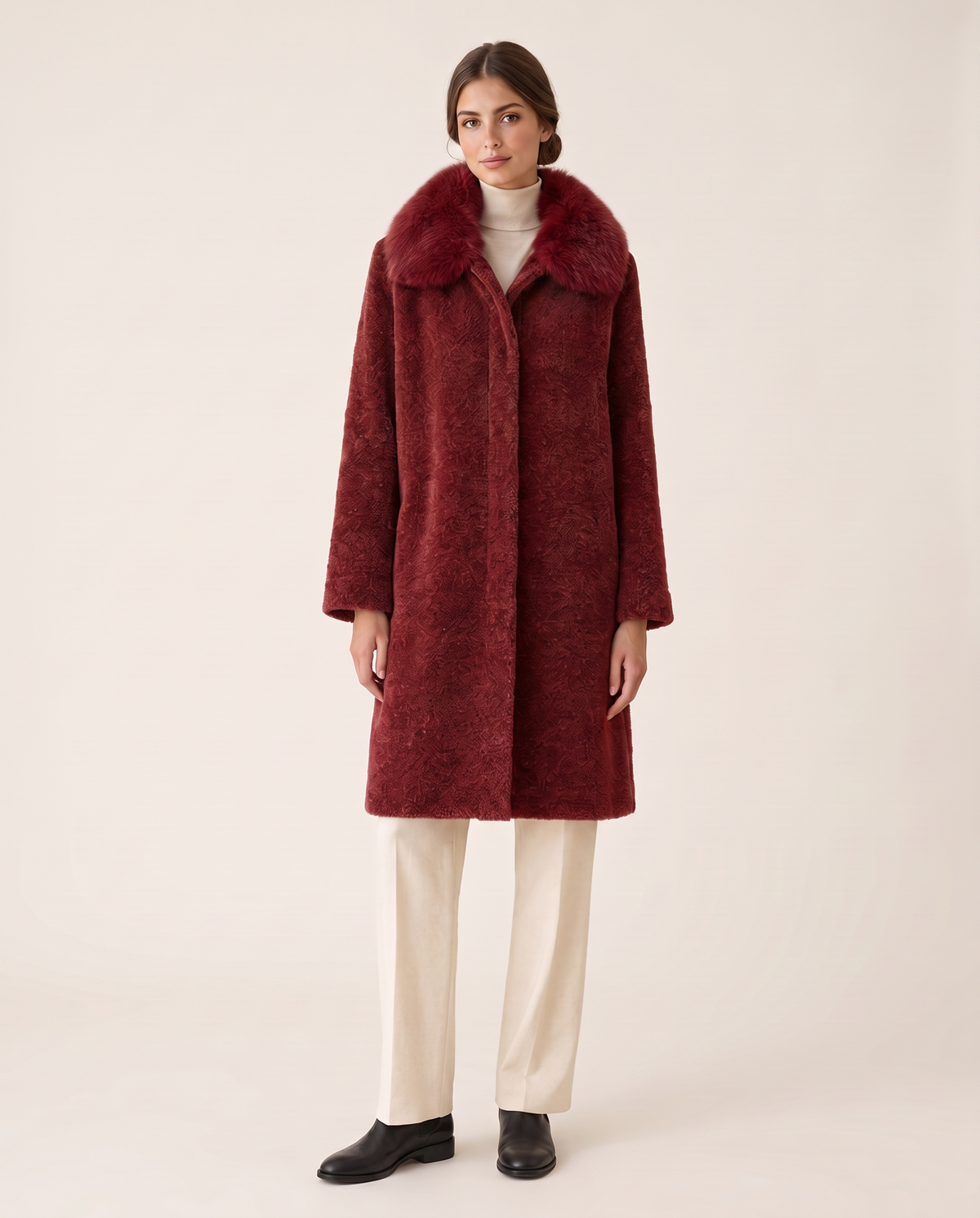 Chenille Coat with Detachable Fur Collar — red
