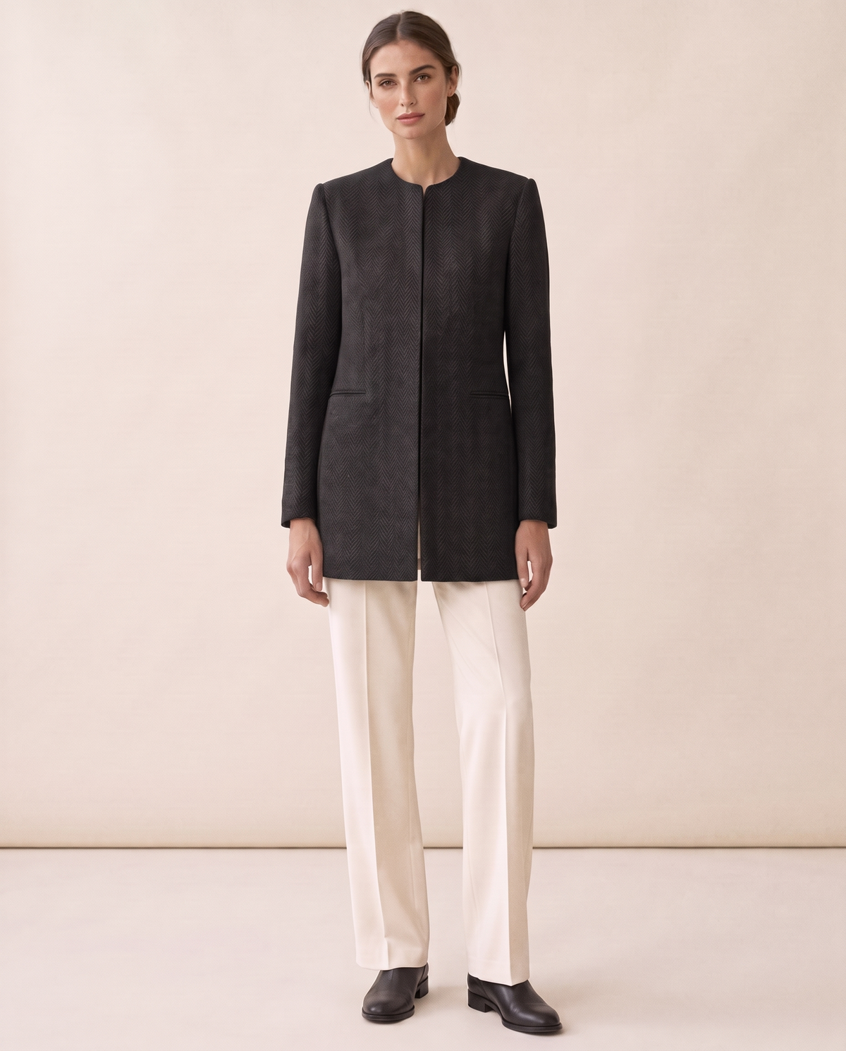 Foxley Herringbone Collarless Long Blazer — black