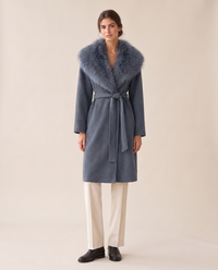 Belted Coat with Large Faux Fur Collar — blue