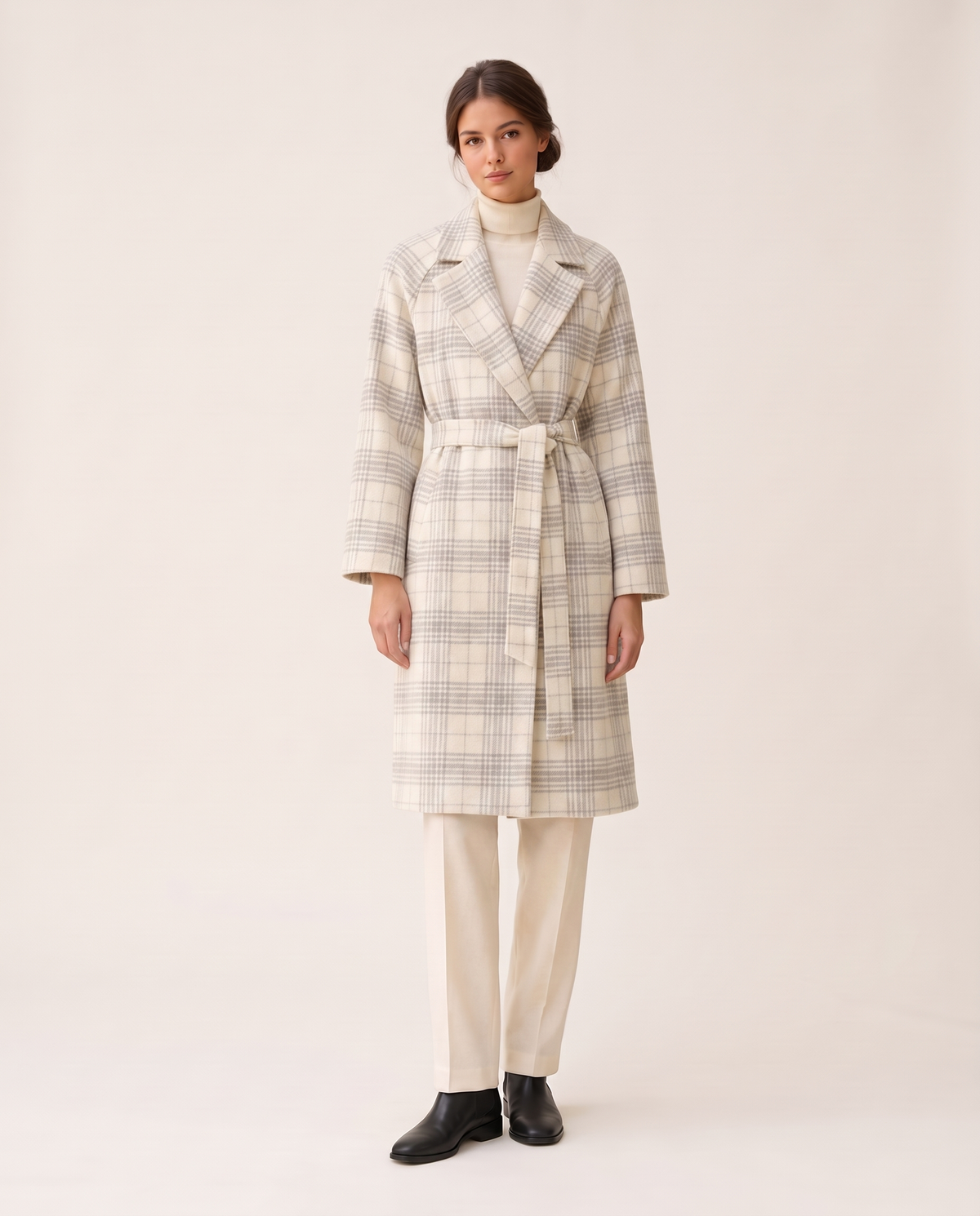 Plaid Belted Winter Coat for Women — white
