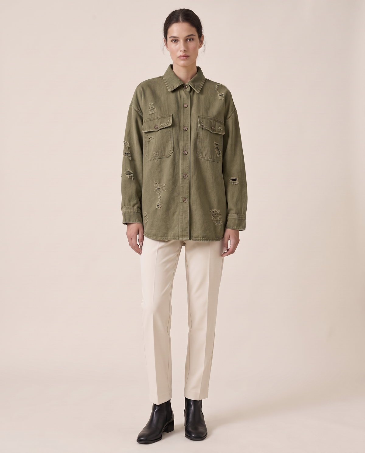 Distressed Shirt Jacket for Women — army green