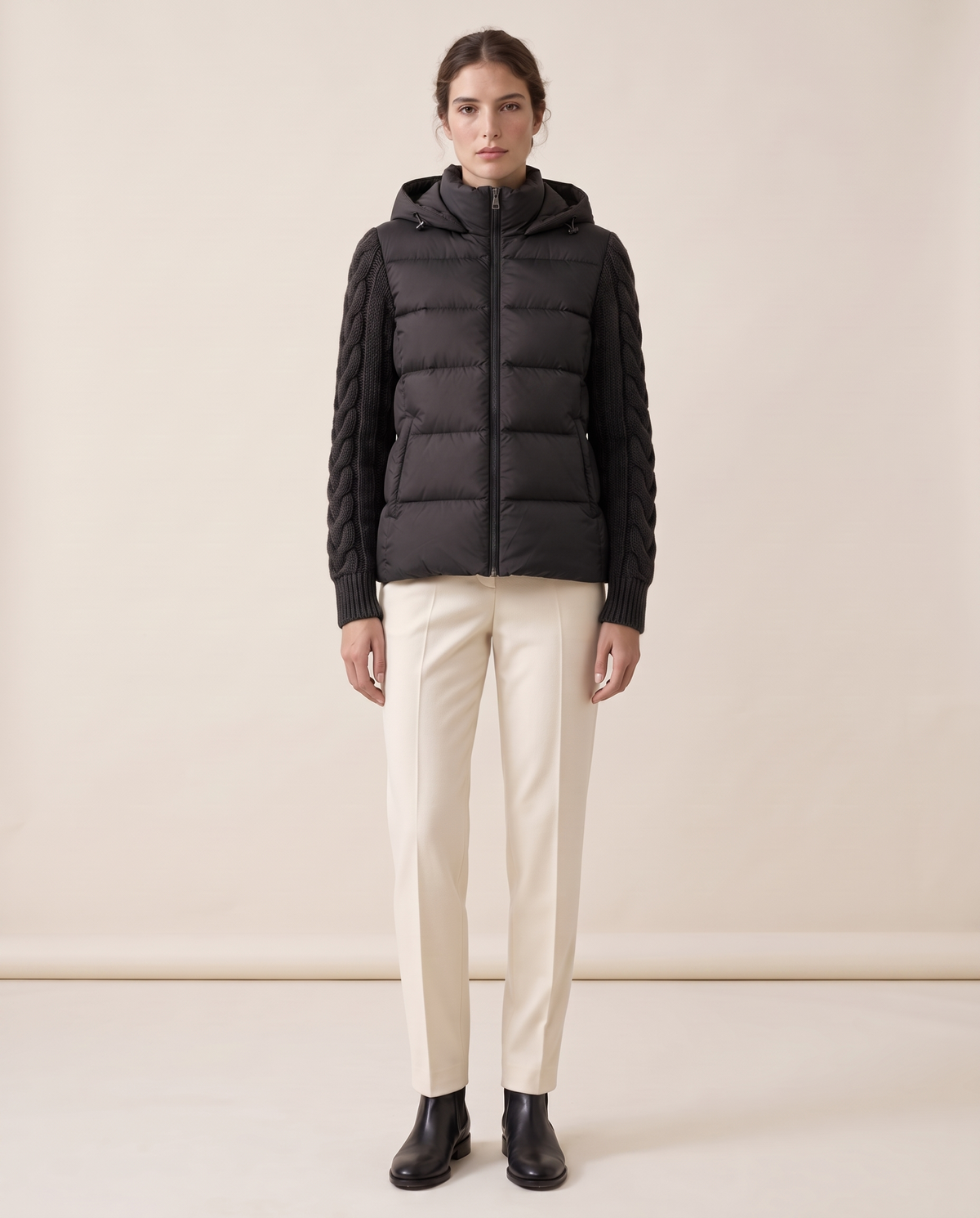 Down Puffer Jacket with Cable-Knit Sleeves — black