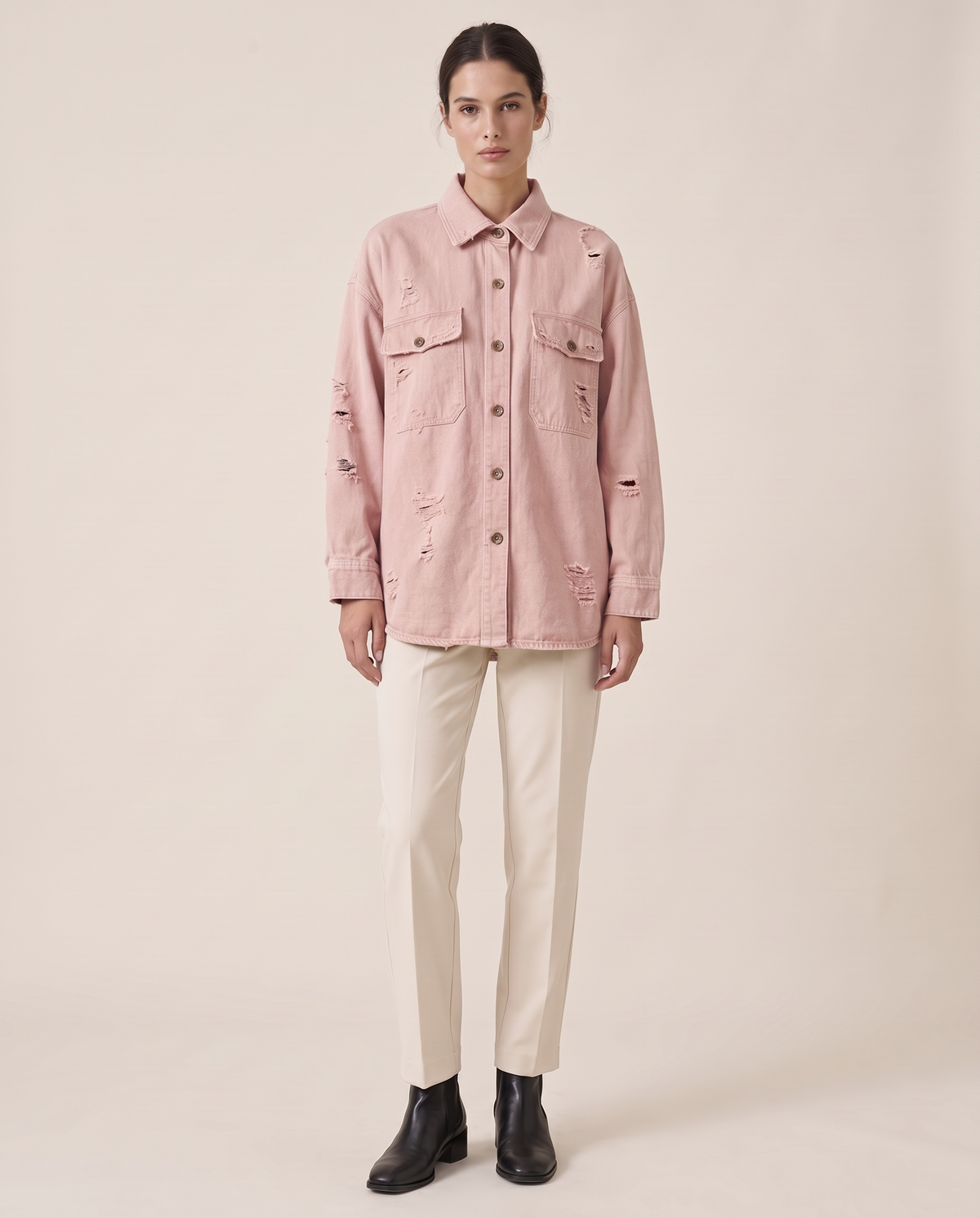 Distressed Shirt Jacket for Women — pink