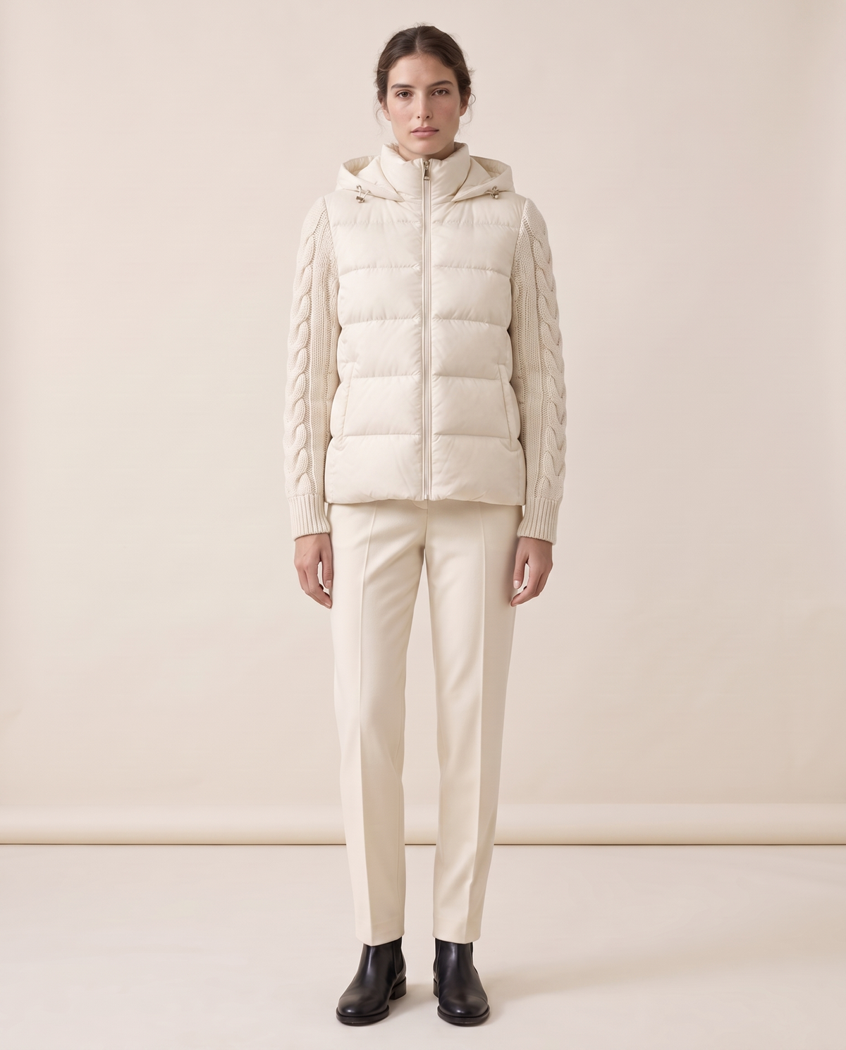 Down Puffer Jacket with Cable-Knit Sleeves — white
