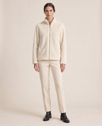 Faux-Mink Knit Zip Jacket with Stand Collar — white