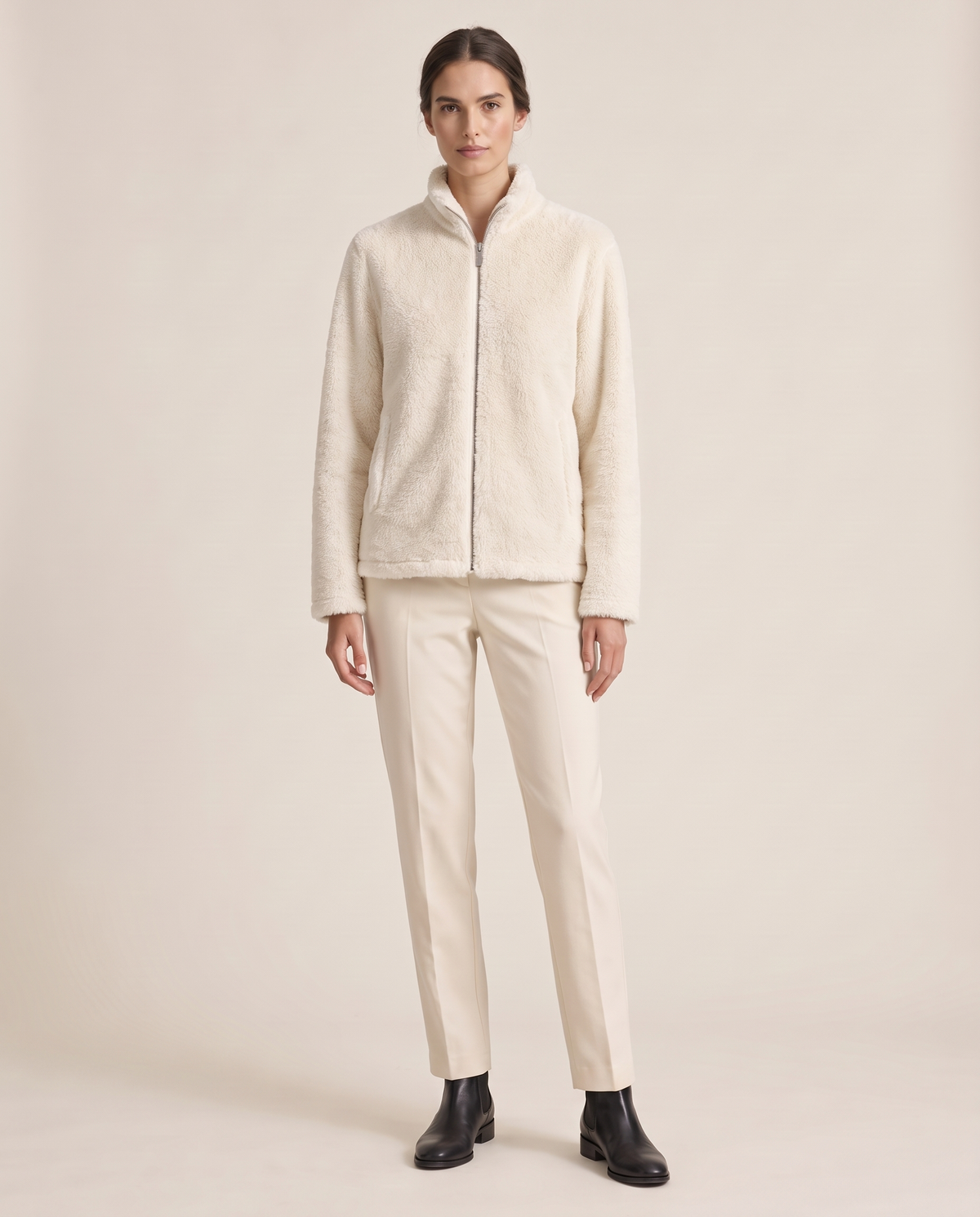 Faux-Mink Knit Zip Jacket with Stand Collar — white