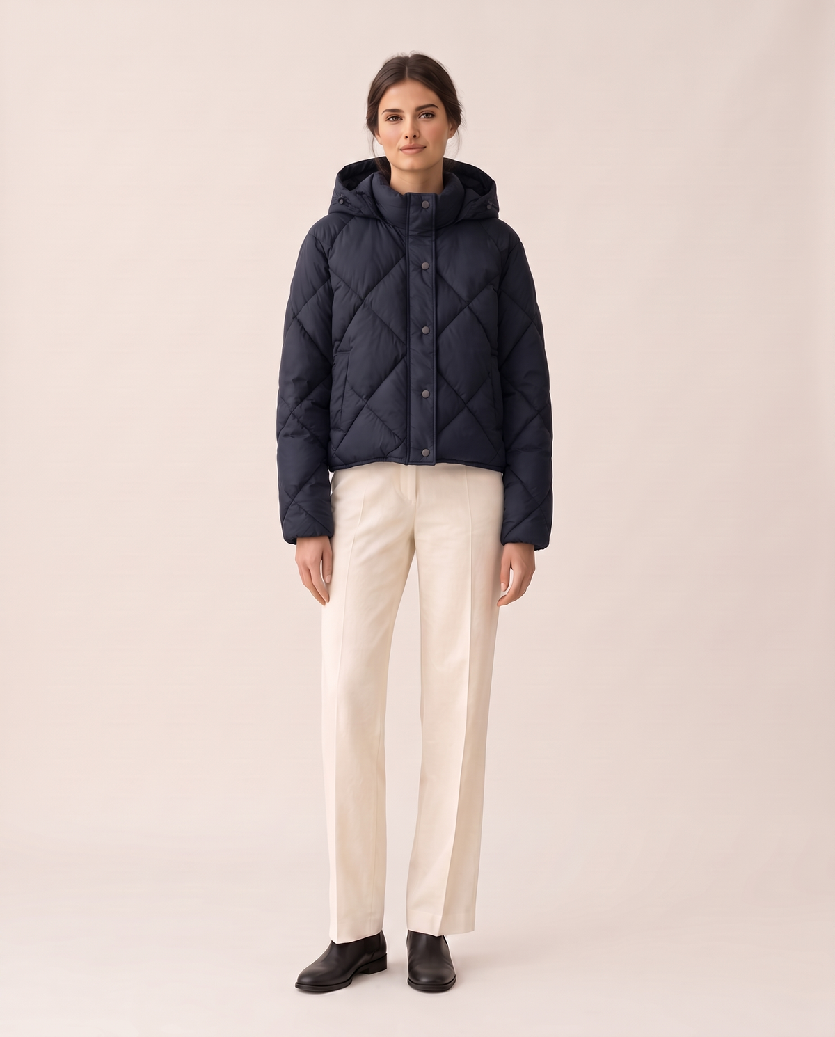 Cropped Puffer Jacket with Hood and Snaps — dark blue