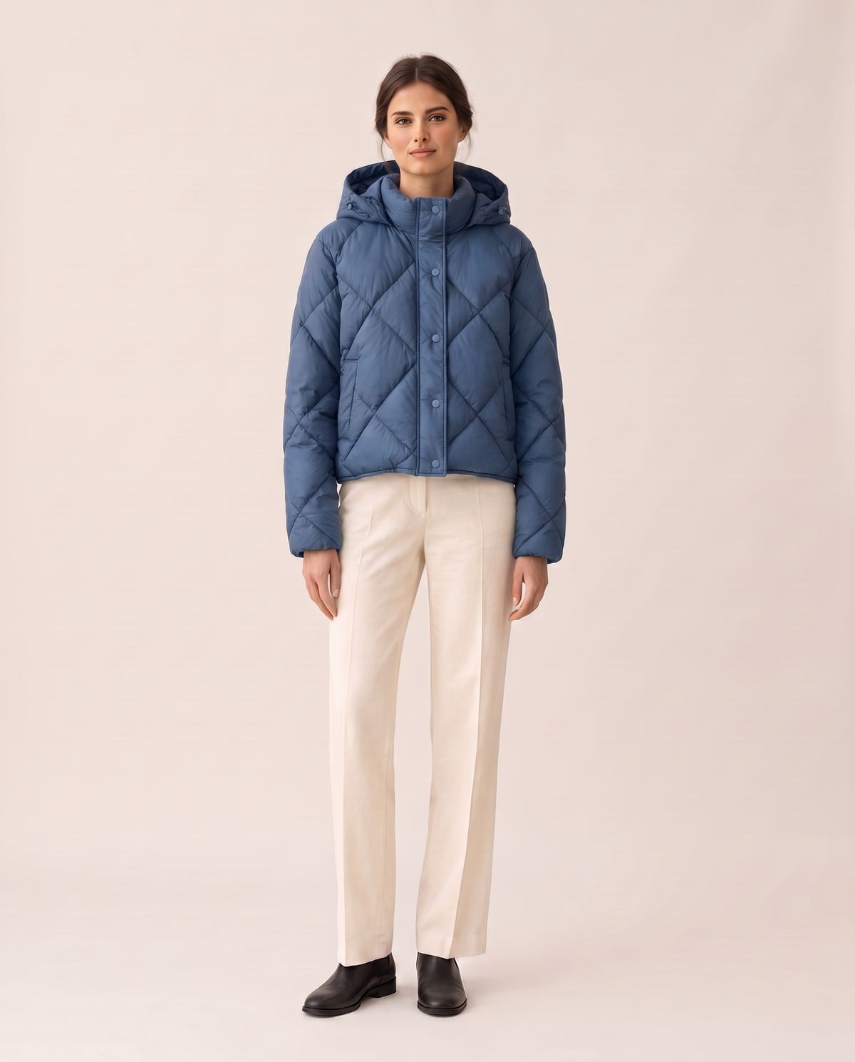 Cropped Puffer Jacket with Hood and Snaps — blue