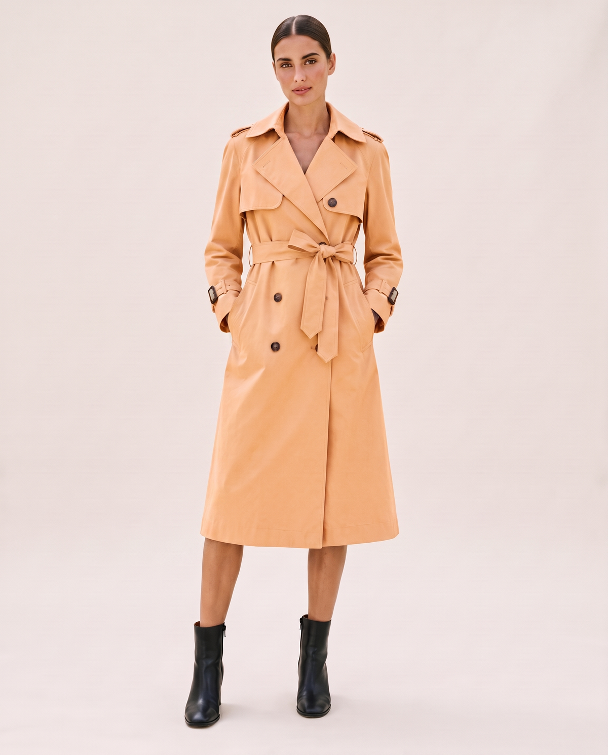 Classic Double-Breasted Belted Trench Coat — apricot