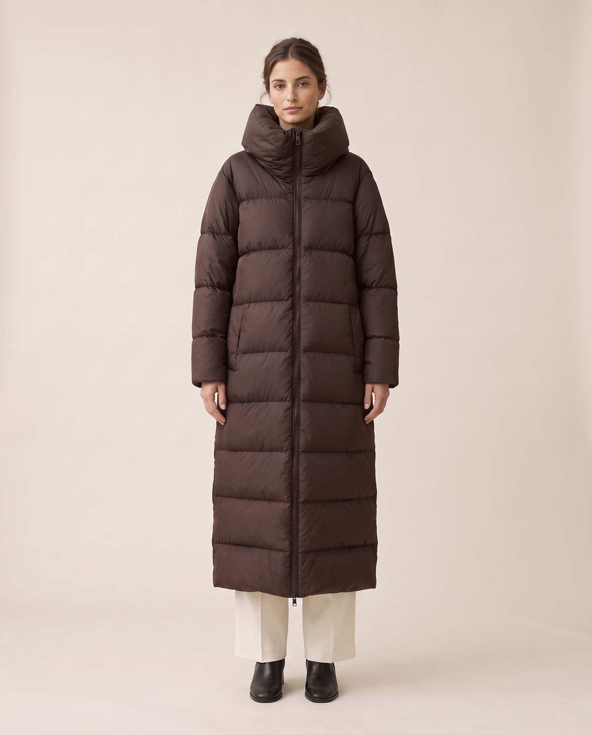 Long Puffer Coat with Oversized Collar — brown