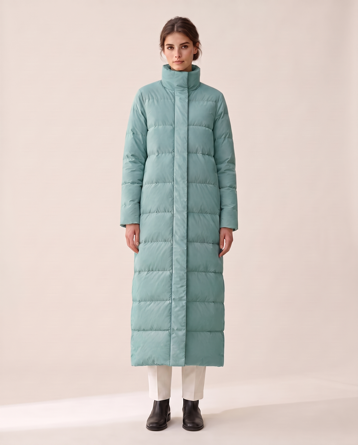 Full-Length Quilted Puffer Coat with Stand Collar — turquoise